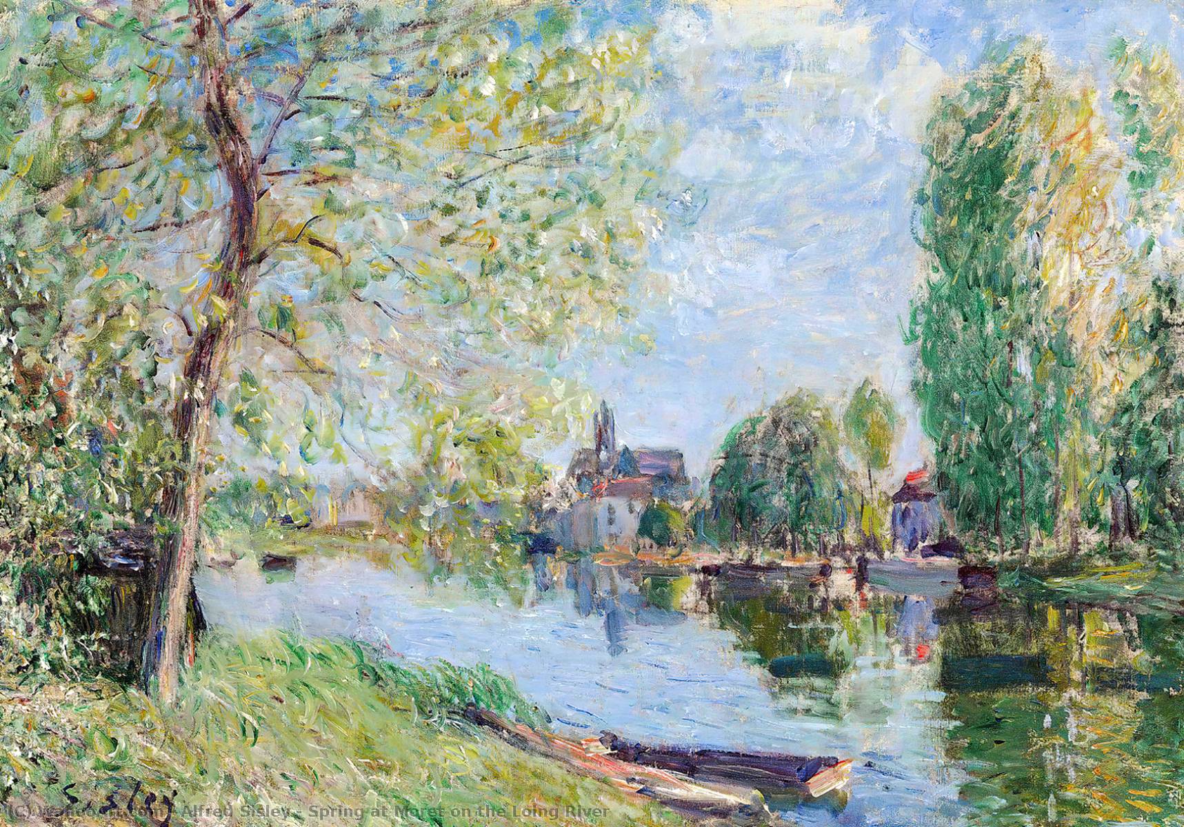 在春季对莫雷的卢万河, 油画 通过 alfred sisley (1839-1899, france