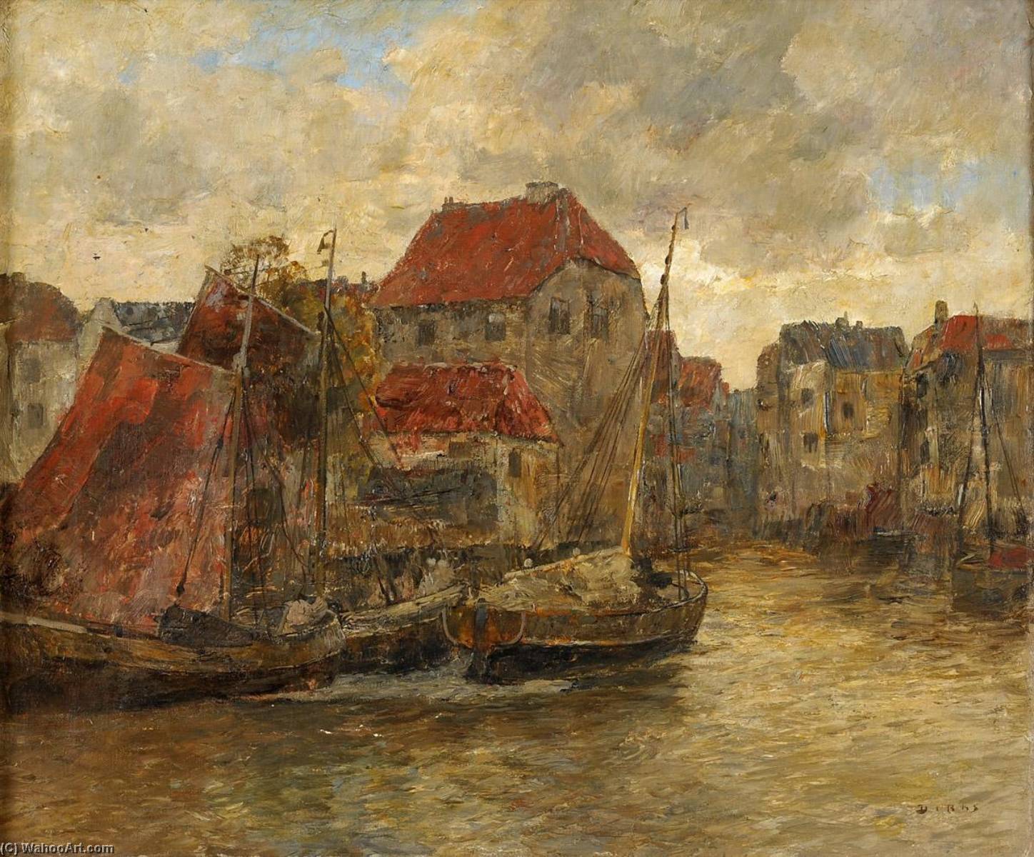 海港入口, 油画 通过 andreas dirks (1865-1922)